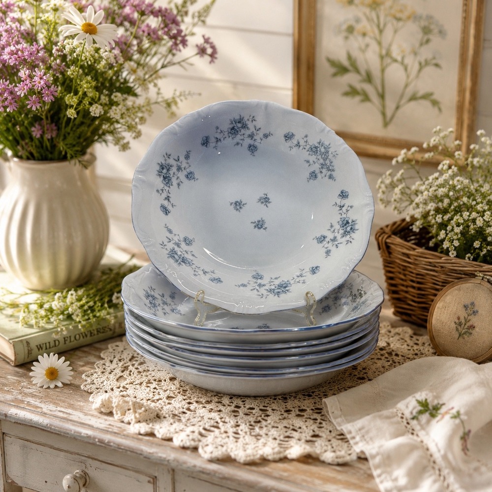 Johann Haviland Blue Garland Bavaria Germany Soup Salad Bowls Set of 6 Scalloped